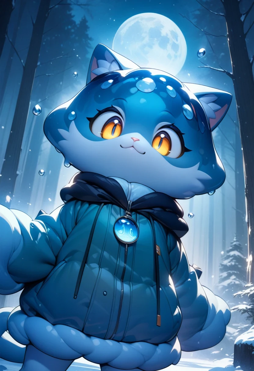 ((Masterpiece)), ((Best Quality)), (Very Detailed), ((Very Detailed)), 4K, (8K), very aesthetic, absurdres highres, 1 girl, (anthropomorphic cat, furry, kemono:1.5), A young, pretty girl stands in the forest on a winter night, surrounded by towering trees in the cold, snow-covered air. She looked surprised as transparent and viscous purple slime fell from her head, covering her in slime. The light from the full moon shines in from behind, and the slime shines as it reflects the light from the snow. There is a cold air and a quiet atmosphere