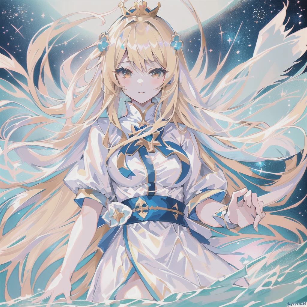 Anime girl with long blonde hair and a crown in the water., anime goddess, blonde anime girl with long hair, Princess de pelo rubio, Ayaka Genshin Impact, ((a beautiful fantasy empress)), anime style like destiny/Overnight stay, from the video game azur lane, Princess 'music' musicdagash, blue lane style, Artoria Pendragon
