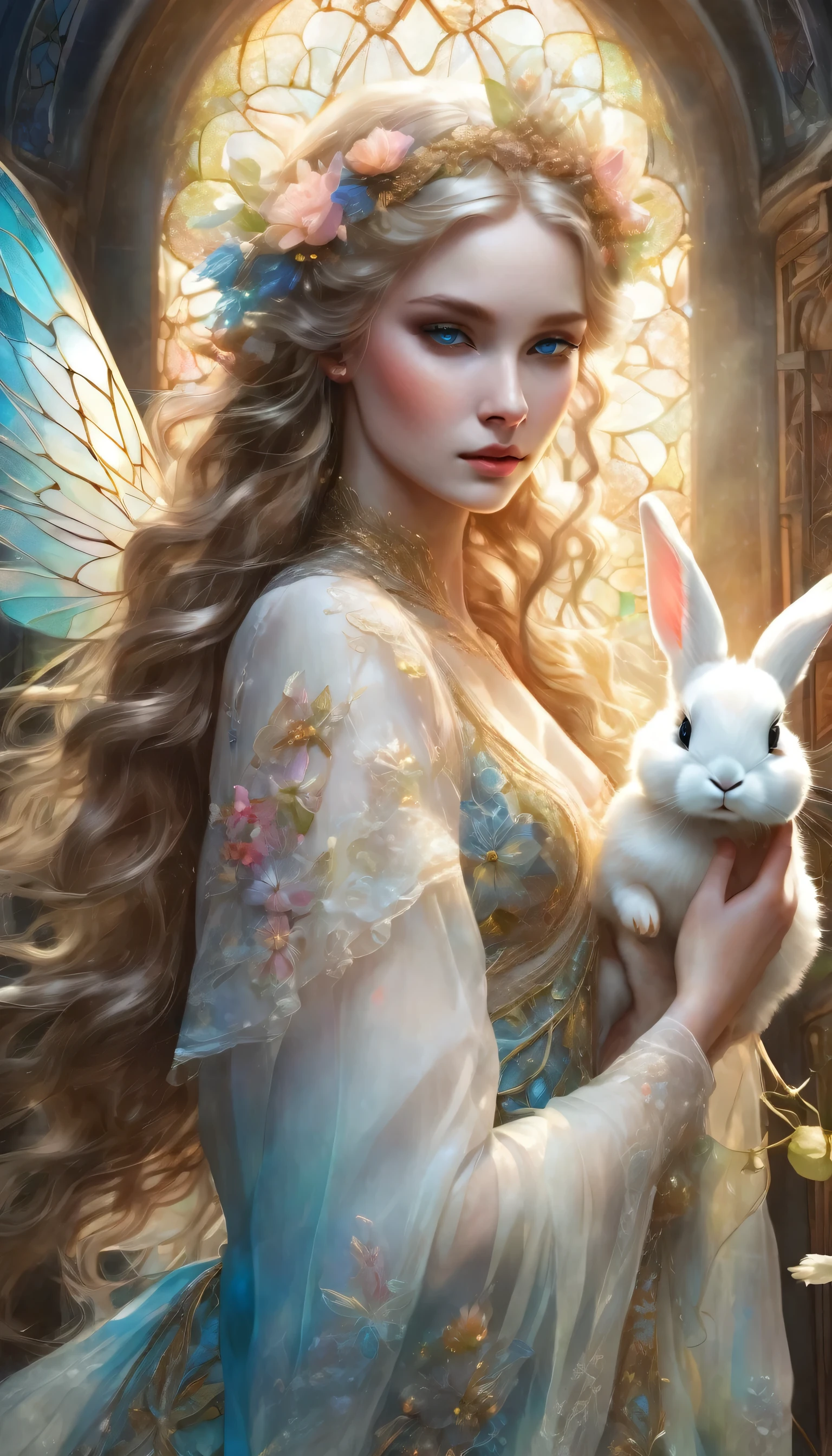 Delicate portrait, detailed colorful stained glass background, dynamic pose, Anna Dittmann style, ethereal spirit of a beautiful maiden, holding a sharp and detailed white fluffy rabbit. The maiden is wearing a transparent white floral dress, gracefully adorned with the essence of blooming flowers embroidered in gold threads. Long, light brown, curly hair cascading gracefully down her back, in a perfect body from the knee up, intertwined with delicate floral details that reflect the surrounding flowers. Her crystal blue eyes, clear and detailed, a touch of magic and mystery, pastel colors, intricate details, fairy tale.