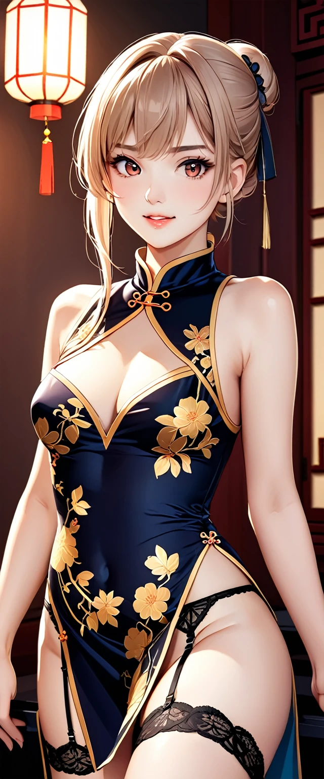 High resolution, Adult female , Good lighting, Despicable, , (nude), (((China dress))), (()), ((())), (garter belt), Abdominal area only, (), , Cute Face, I'blush with embarrassment, Humiliating, ((Looking Back)), ((See through))()(Thong)(A lot of stuff is attached to the body,) You can see her asshole through her dress