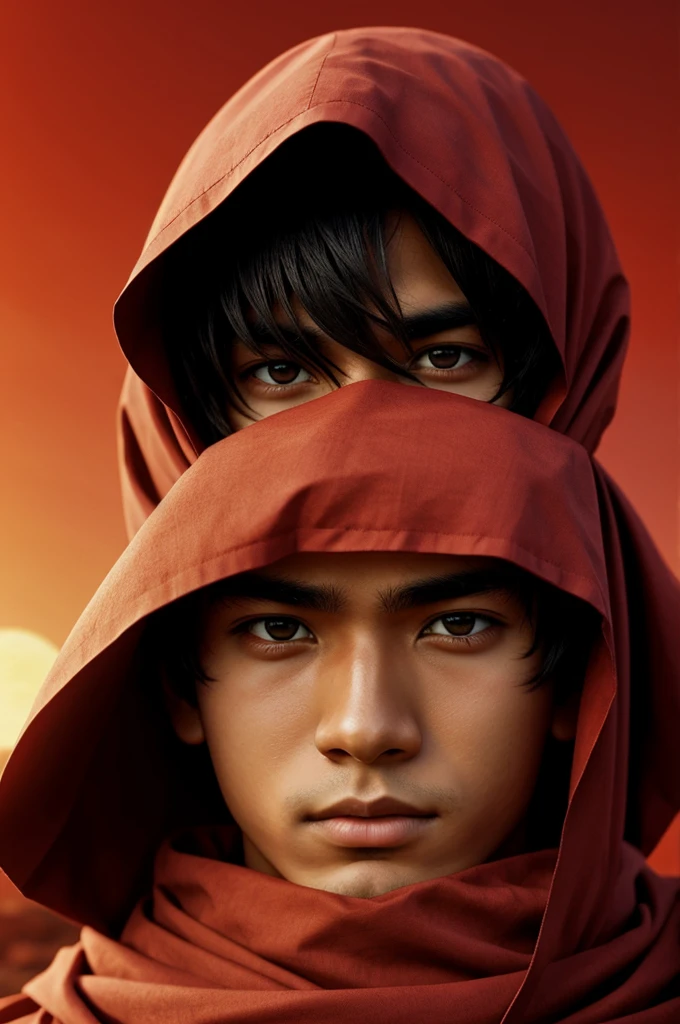 A young man has his eyes and face covered with red cloth and the red sun behind him (anime)