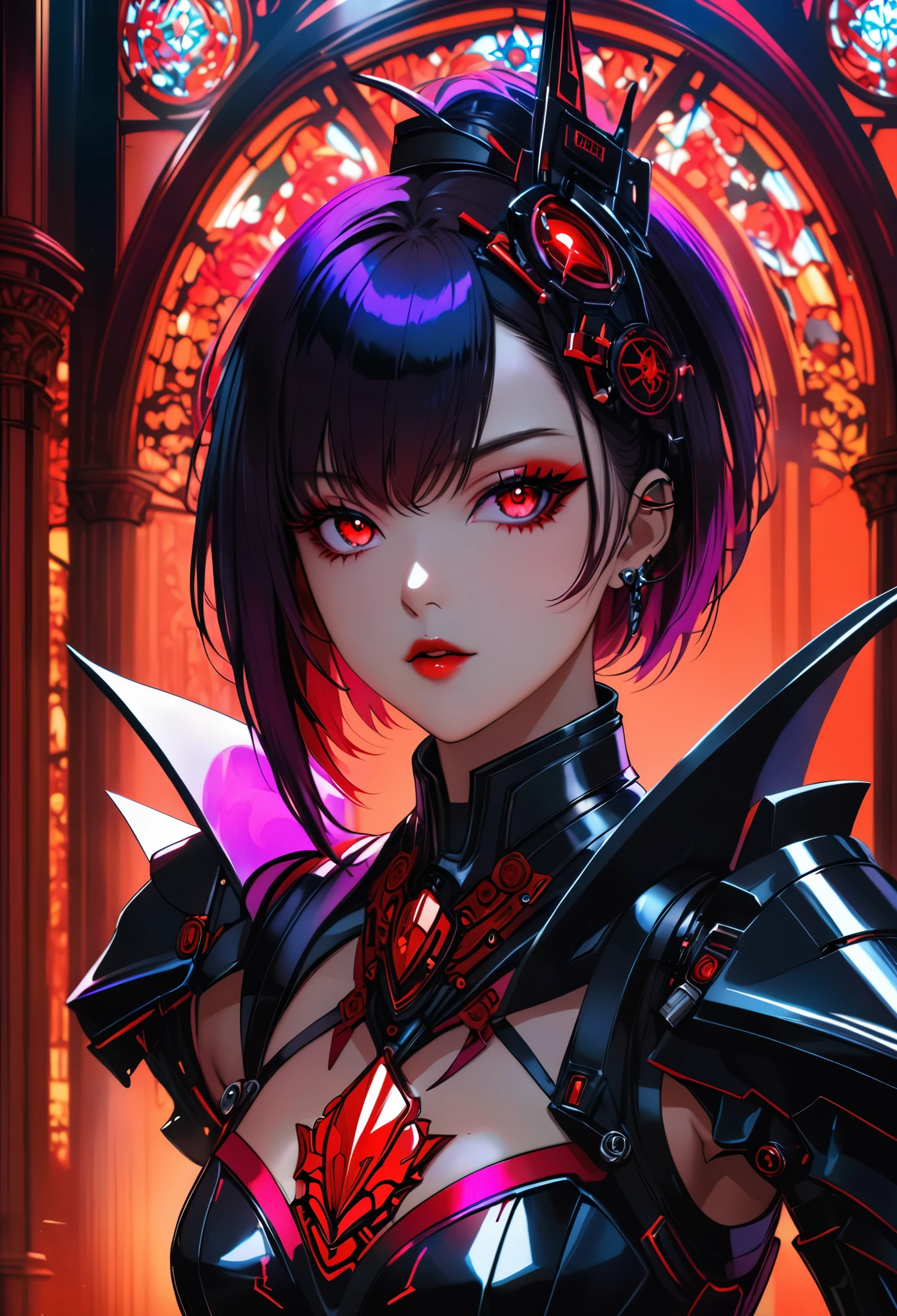 a portrait of mecha female vampire in a dark gothic cyberpunk church, an exotic exquisite beautiful mecha female vampire, dynamic hair color, short hair, dynamic eyes color, intense eyes, glowing eyes, dynamic eyes color, wearing intricate mech armor, delicate mech armor, delicate blood veins in the armor, wearing thigh high heeled boots, dark gothic cyberpunk church background, vibrant, Ultra-high resolution, High Contrast, (masterpiece:1.5), highest quality, Best aesthetics), best details, best quality, highres, 16k, (ultra detailed: 1.5), masterpiece, best quality, (extremely detailed) RAW, (ultra details, Masterpiece, best quality), Dark Art Painting Style, nijimecha