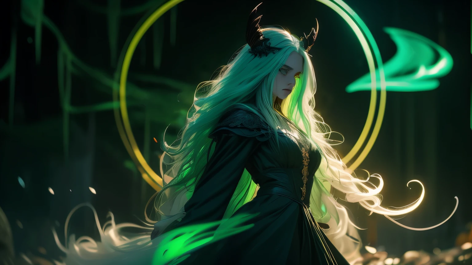 (masterpiece), (best quality), (ultra detailed face),(disheveled hair),(illustration), (1girl), (Fashionable clothing), a full-length body shot of a young witch, Hyper-Realistic, Detailed, skinny, pale skin,  a goddess, dynamic pose, ink, line graphics by Kim Jong-gi, divination on the Crystal Ball, Dark blue and yellow clothes,(( woman, Amber colored eyes, jade green hair with white lock cut in a long flowing hair)), The Young Witch, Sinister surroundings, Crow Skull Encirclement Ghost Horror, toxic liquid style, holographic, ROMANCE,FANTASIA,COMICS,,SFW,