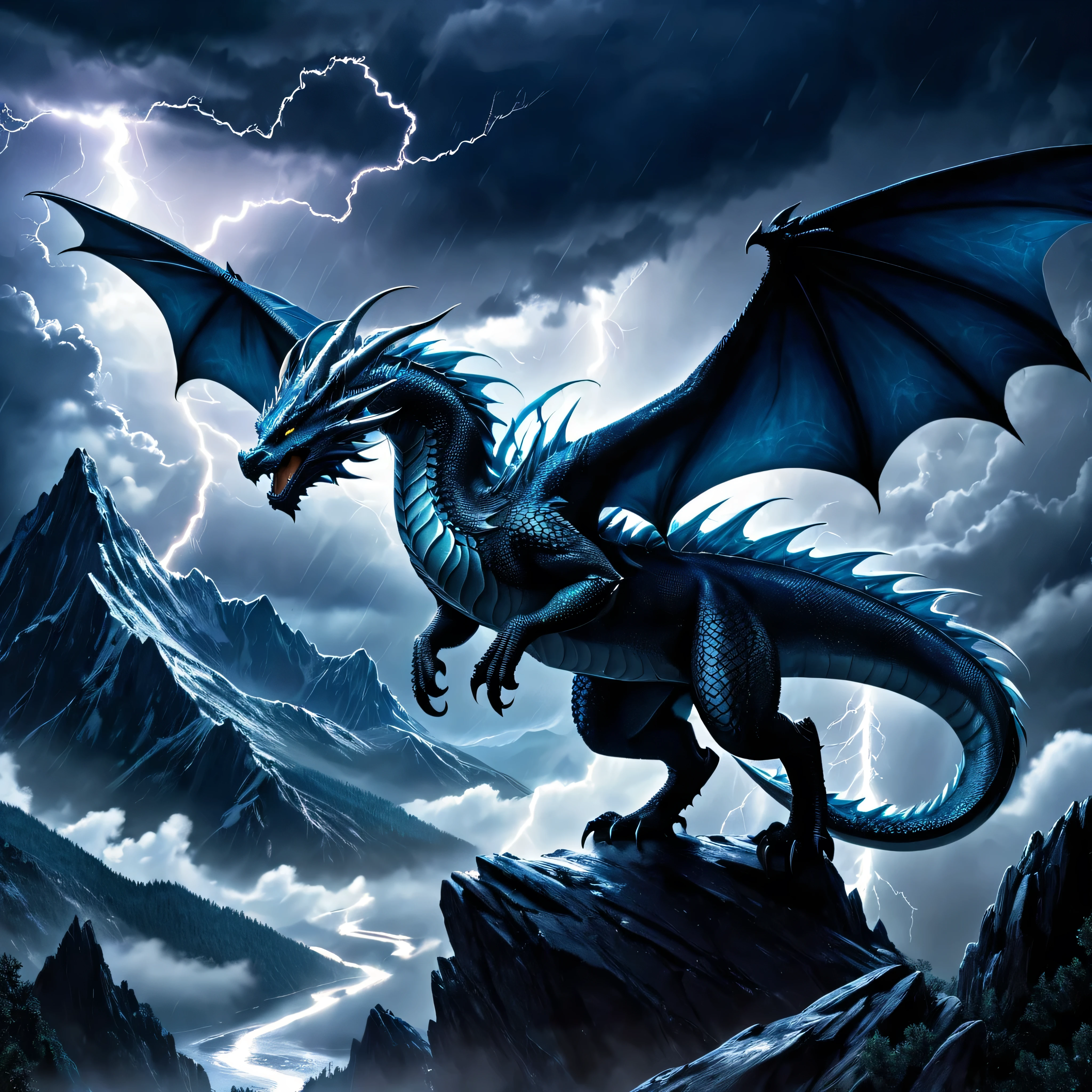  (A storm dragon with 2 wings flying through storm clouds ), solo, lightning, clouds, rain, BREAK, mystical creature, realistic, ultra detailed, dynamic pose, moonlit night, detailed snowy mountain background