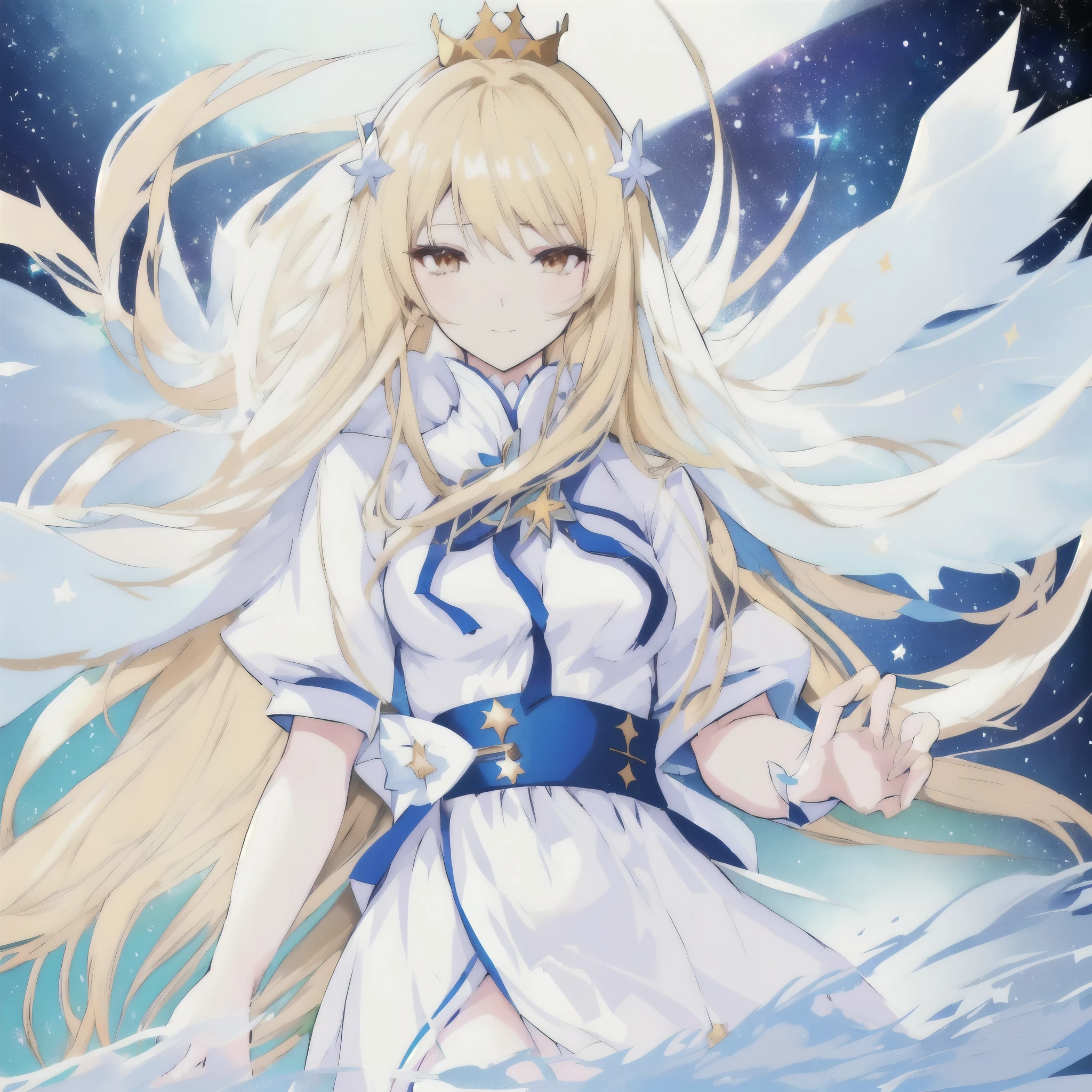 anime woman with long blonde hair and a white dress standing in the middle of a sea of stars, anime splash, anime goddess, visual anime of a cute girl, blonde adult woman with long hair, daytime ethereal anime, greek dress, Marisa Kirisame, official art, star crown