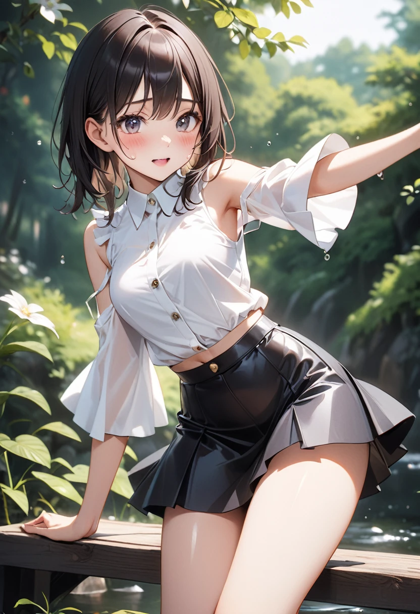 (((A woman playing in midsummer in Japan))), (A hot summer)), (((a hot summer outfit a white leather, Navel, Dark colored skirt))), ((Shiny Costumes)), skindentation, skinny, solo, 1 woman, Masterpiece, highest quality, highest quality, 16K, incredibly absurd, highly detailed, 2.5D, ai-generated, delicate and dynamic, very delicate facial expressions, delicate eye depiction, erotic, only sexy woman, ((A cute and kind face)), healthy figure, ((25-year-old woman)), 160cm tall, medium firm swaying bust, Dark Hair, blush, Sweat,Embarrassed,sexy, ((thin thighs)), (camel toe:0.7), (visible nipples:0.7), (Erect nipples,:0.9), shiny and lustrous, facing straight at viewer, (((in heat))), ((Oily_skin)), ((Lots of sweat)), (((Brown Skin))), ((dutch angle)), ((erotic pose)), ((In the Japanese countryside, by the river, on a hot summer's afternoon,)), (Metallic shiny outfit:0.8), (((Very dynamic pose))),