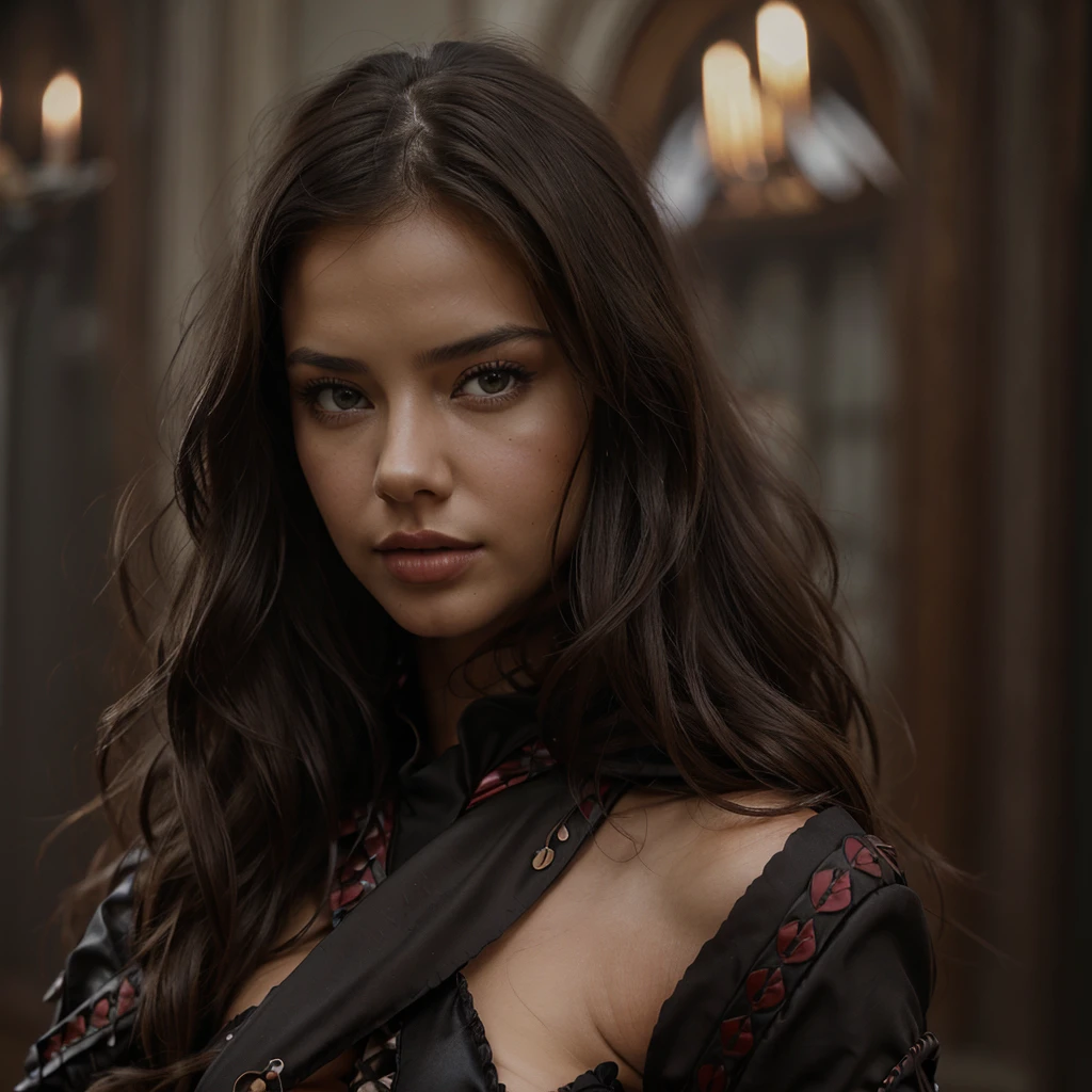 adriana lima, thick brown hair, Hot , Ukrainian girl, wavy brown hair, Dasha Taran, pretty beautiful brunette, (solo one girl : 2.0), digital photo, sharp focus, dark, haunting, beautiful portrait of a woman, wearing black, mesmerizing, unsettling, detailed rich ornate clothing, gothic mood, rococo, warm colors, red gloves,