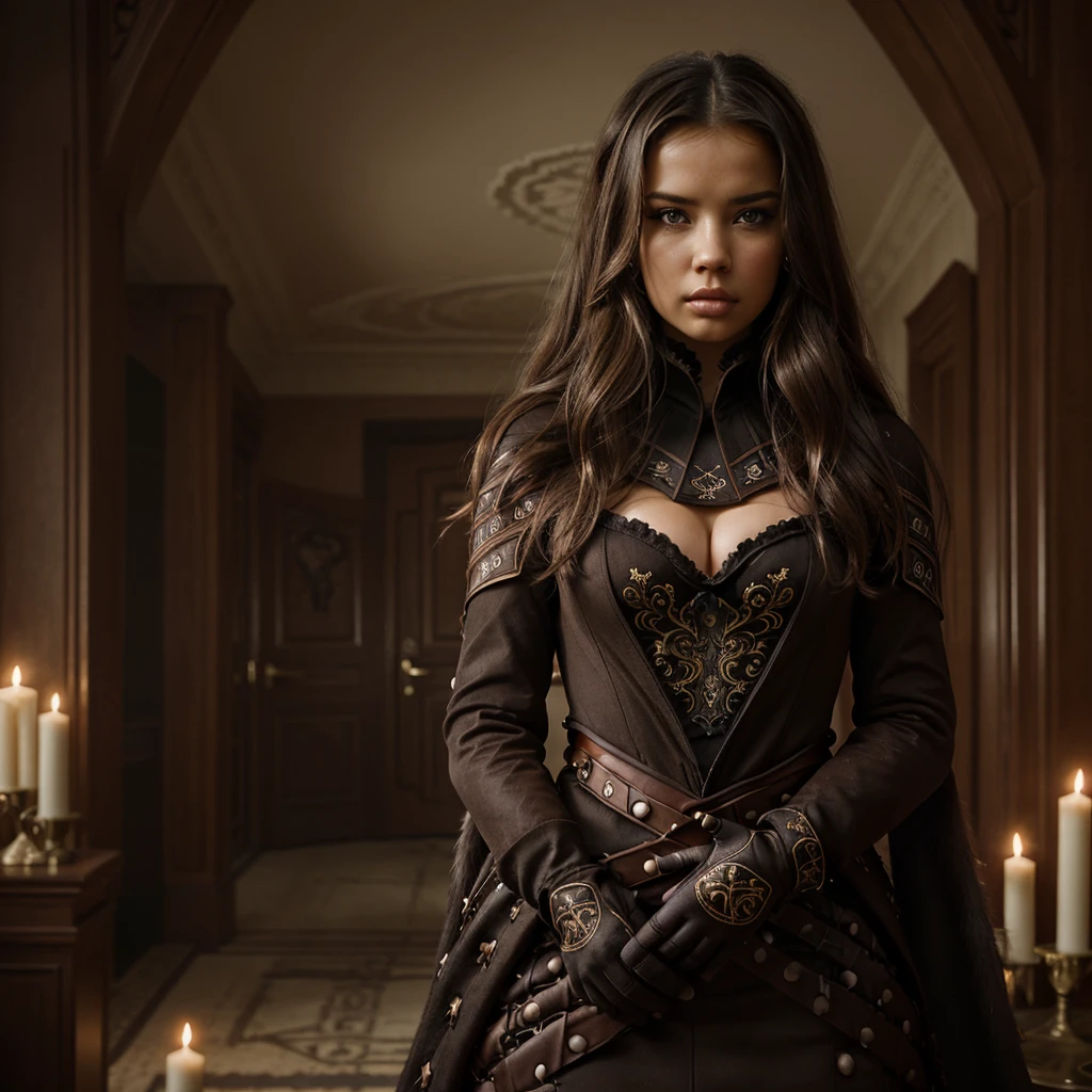 adriana lima, thick brown hair, Hot , Ukrainian girl, wavy brown hair, Dasha Taran, pretty beautiful brunette, (solo one girl : 2.0), digital photo, sharp focus, dark, haunting, beautiful portrait of a woman, wearing black, mesmerizing, unsettling, detailed rich ornate clothing, gothic mood, rococo, warm colors, red gloves,