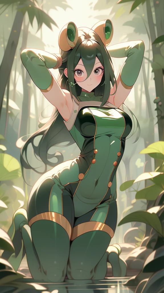 ((Masterpiece artwork, best qualityer)), Tsuyu Asui, beautfull woman, detailed outfit, high qualiy, showing armpits and pussy,detailed hands, beautiful  face, skin fair, female body, Proportionate Body, Body cute, showing tonge, full body, forest background.