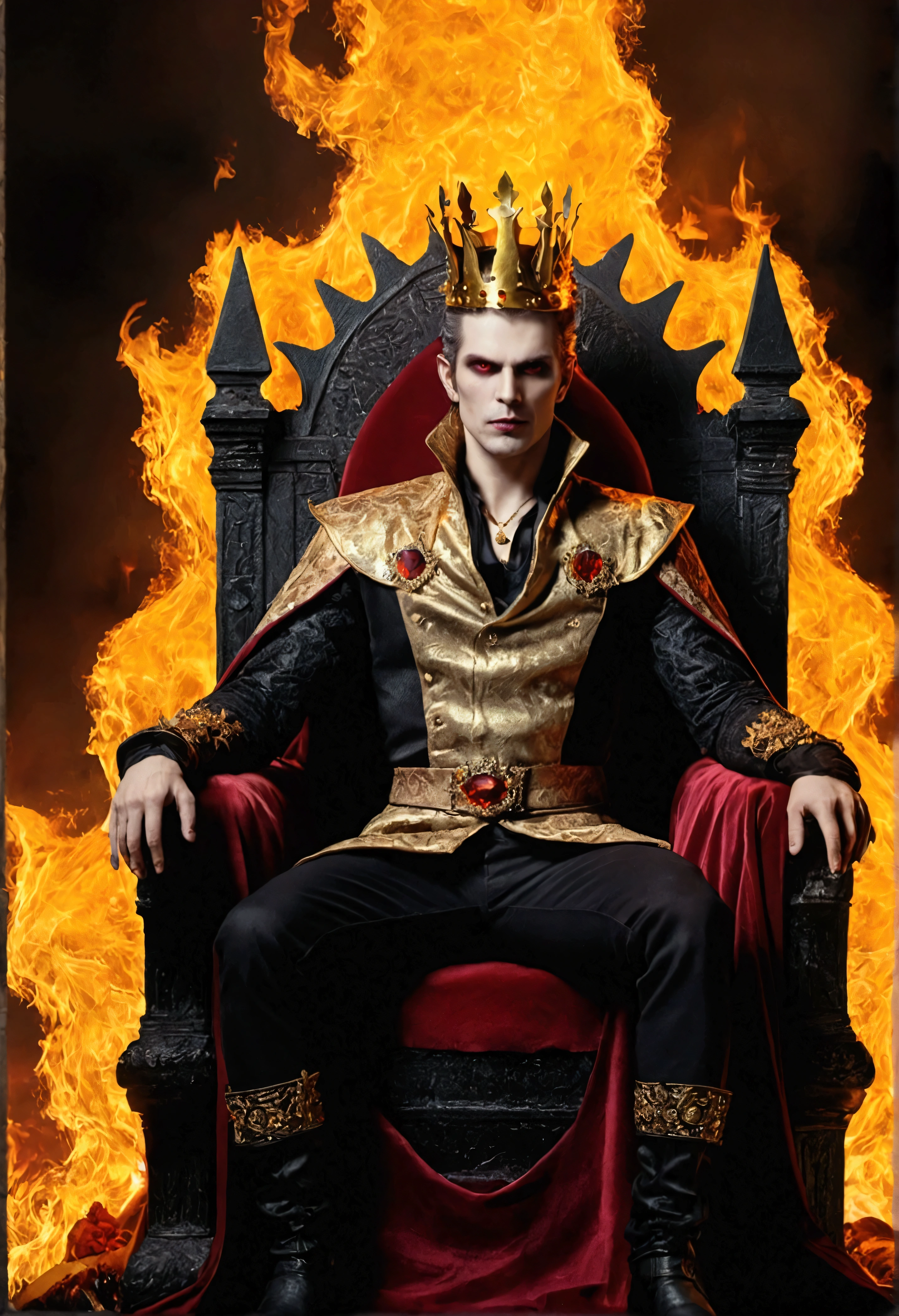 A male vampire, crowned with a golden crown on his head and sitting on a burning throne , a lot of fire