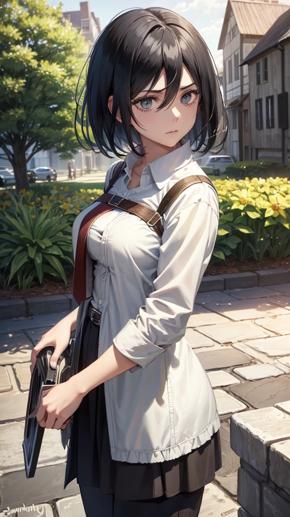 aot style,

Mikasa Ackerman,

1girl, bangs, black hair, black pants, breasts, cowboy shot, green eyes, sunny town background, hair between eyes, looking at viewer, medium breasts, wearing a flowing sundress with intricate floral designs, short hair solo,

, ((masterpiece)), best quality