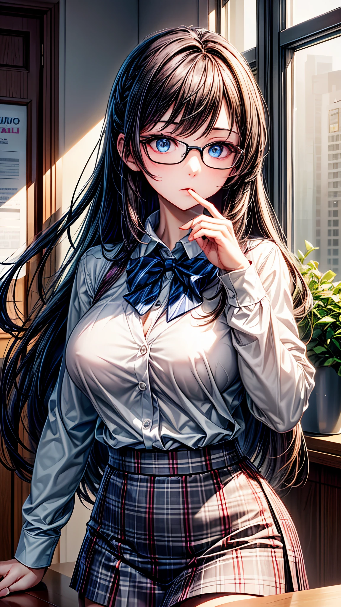 ((Alta resolución)), ((Iluminación y color)), ((obra maestra)), ((ojos cafe)), young and beautiful woman with the following features: long, flowing black hair, striking blue eyes, and wearing slim-framed glasses that enhance her gaze. She is dressed in a classic school uniform: a white blouse with a collar, a short plaid skirt, and a matching sweater. Her pose and expression should convey a coquettish and confident attitude, highlighting her unique and elegant beauty in a school setting.
