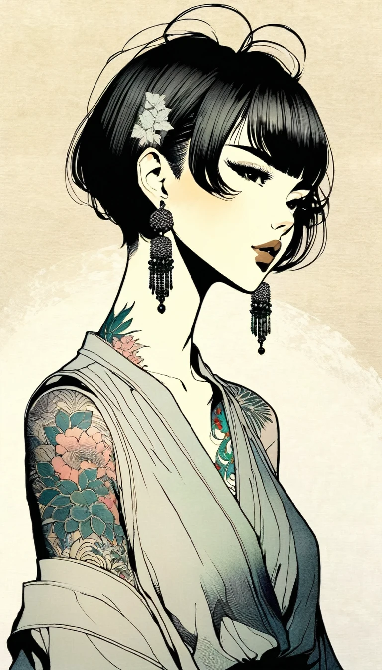 A beautiful illustration of an Asian girl with tattoos, short black hair and bangs, wearing earrings and dark , in the style of anime, with tattoos on her neck and shoulders, a full body portrait, delicate facial features, light background, ink painting style, flat color, high definition., (art inspired by Bill Sienkiewicz).