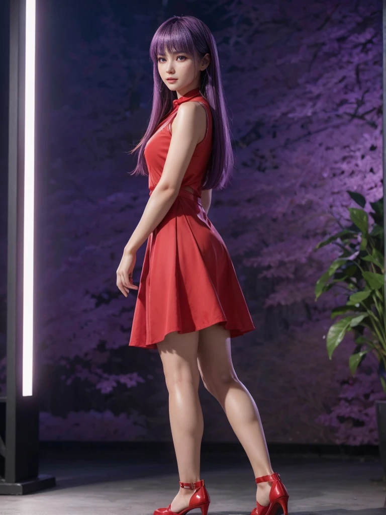 Ayane, cabelo roxo, (best qualityer, ultra detali), (realisitic:1.37), beautiful and detailed face, ultra-realisitic texture, 精致的面容, Delicate body, red lipgloss stick, long-lasting colors. High definition, 8k.