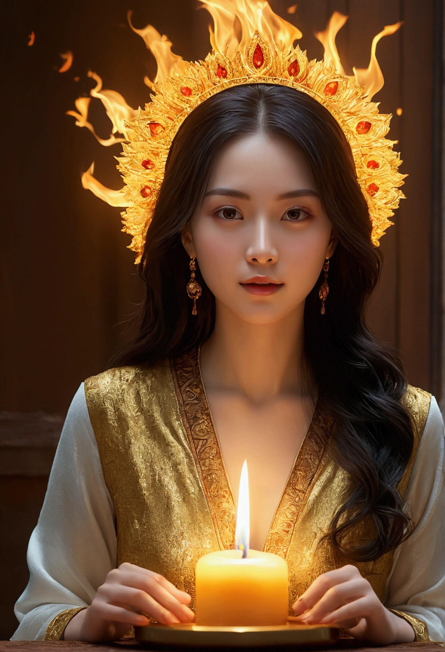 (breathtaking,4K,8k,highest resolution,table top:1.2),very detailed,(realistic,realistic,realistic:1.37),fire,enlightenment,serene,light,내면의 fire꽃,a profound spiritual journey,Cosmic enlightenment,quiet,Vivid descriptions,Radiant energy and flow,play,shining golden halo,exists in another dimension,With the Holy Grail at its core.