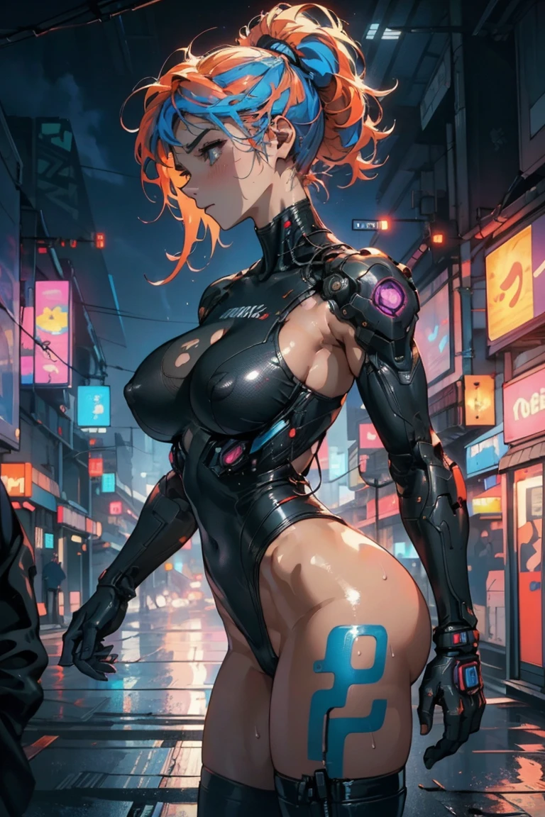 (best quality, masterpiece, high resolution:1.2), Meticulous painting, painting, 4k wallpaper, (Simple background:1.1), girl, Solitary, (side view:1.2), portrait, close up, Delicate face, delicate eyes, puffy lips, Open your mouth,cosmetic,
Female biomechanical digital, Biomechanical components, Small Breasts, nipple, blush, Asymmetrical hairstyle,sunset orange hair, Cyberpunk Art and (Holographic Minimalist Art:0.5), Inspired by Marek Okon, Cracked futuristic blue lens, neon, cloud, dust cloud, steam, Sweat, Luminescence, Lovely, , Skinny, hot, Horny, National Foundation, Uncensored, dry brush, Stroke, Oil on canvas, Inspired by Cyberpunk 2077、Ghost in the Shell、Akira and Blade Runner, Vibrant colors, High contrast,huge , Crazy breast swelling, Chest larger than shoulder blades, Big breasts and thin waist,(huge breasts:1.2),Hydrated skin((rogue))((Very huge breasts)),((Grooves reveal original skin))