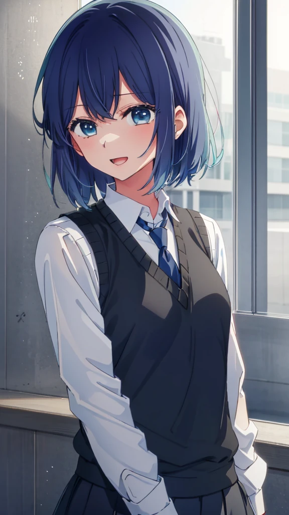 beautiful lighting, 1 girl, solo, Akane, white shirt, sweater vest, black vest, blue tie, ((anime style))、((2D))、laughter、open your mouth