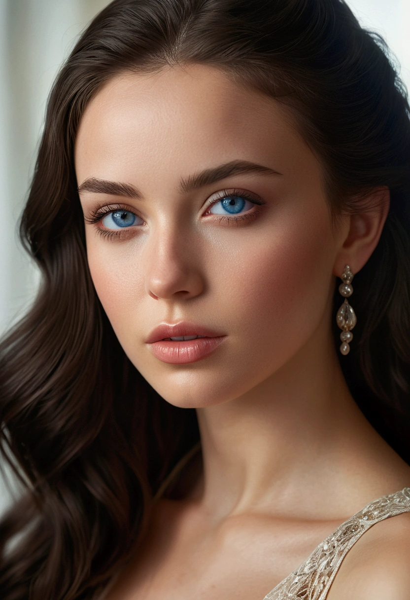 realistic portrait of a beautiful 24 year old woman, detailed face, piercing blue eyes, full lips, long dark hair, delicate features, elegant pose, soft skin, natural lighting, warm color tones, photorealistic, (best quality,8k,highres,masterpiece:1.2),ultra-detailed,(realistic,photorealistic,photo-realistic:1.37),intricate details,highly detailed,sharp focus,vivid colors,cinematic lighting,stunning beauty,elegant fashion,thoughtful expression