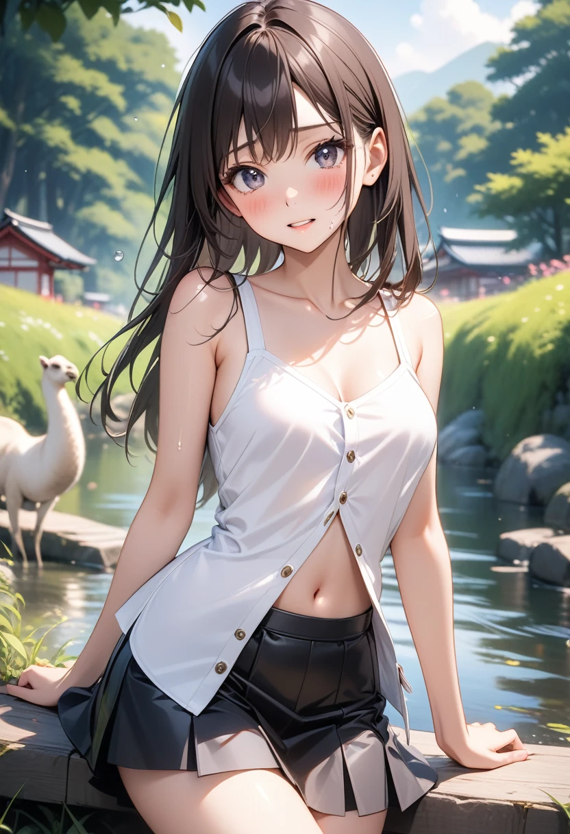 (((A woman playing in midsummer in Japan))), (A hot summer)), (((a hot summer outfit a white leather, Navel, Dark colored skirt))), ((Shiny Costumes)), skindentation, skinny, solo, 1 woman, Masterpiece, highest quality, highest quality, 16K, incredibly absurd, highly detailed, 2.5D, ai-generated, delicate and dynamic, very delicate facial expressions, delicate eye depiction, erotic, only sexy woman, ((A cute and kind face)), healthy figure, ((25-year-old woman)), 160cm tall, medium firm swaying bust, Dark Hair, blush, Sweat,Embarrassed,sexy, ((thin thighs)), (camel toe:0.7), (visible nipples:0.7), (Erect nipples,:0.7), shiny and lustrous, facing straight at viewer, (((in heat))), ((Oily_skin)), ((Lots of sweat)), (((Brown Skin))), ((dutch angle)), ((erotic pose)), ((In the Japanese countryside, by the river, on a hot summer's afternoon,)), (Metallic shiny outfit:0.8), (((Very dynamic pose))),