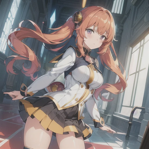 (Highest quality,A perfect masterpiece,Perfect artwork,Official Works,8k,, Fashion Trends,High resolution,Detailed Expression,Octane Rendering,Ray Tracing,Intricate details,Animation lighting,One person、single、Anime Girls、(((Lively anime girl)))、Fantasy World Female Student、orange long hair、Twin tails、The eye color is the same、(Eye highlights)、Beautiful breasts、A uniform that emphasizes the body of a beautiful anime girl、Fantasy World Exposure Compensation、Pleated mini skirt、Fashion-coordinated variations, (Anime-like:1.5), (Detailed eyes:1.1),