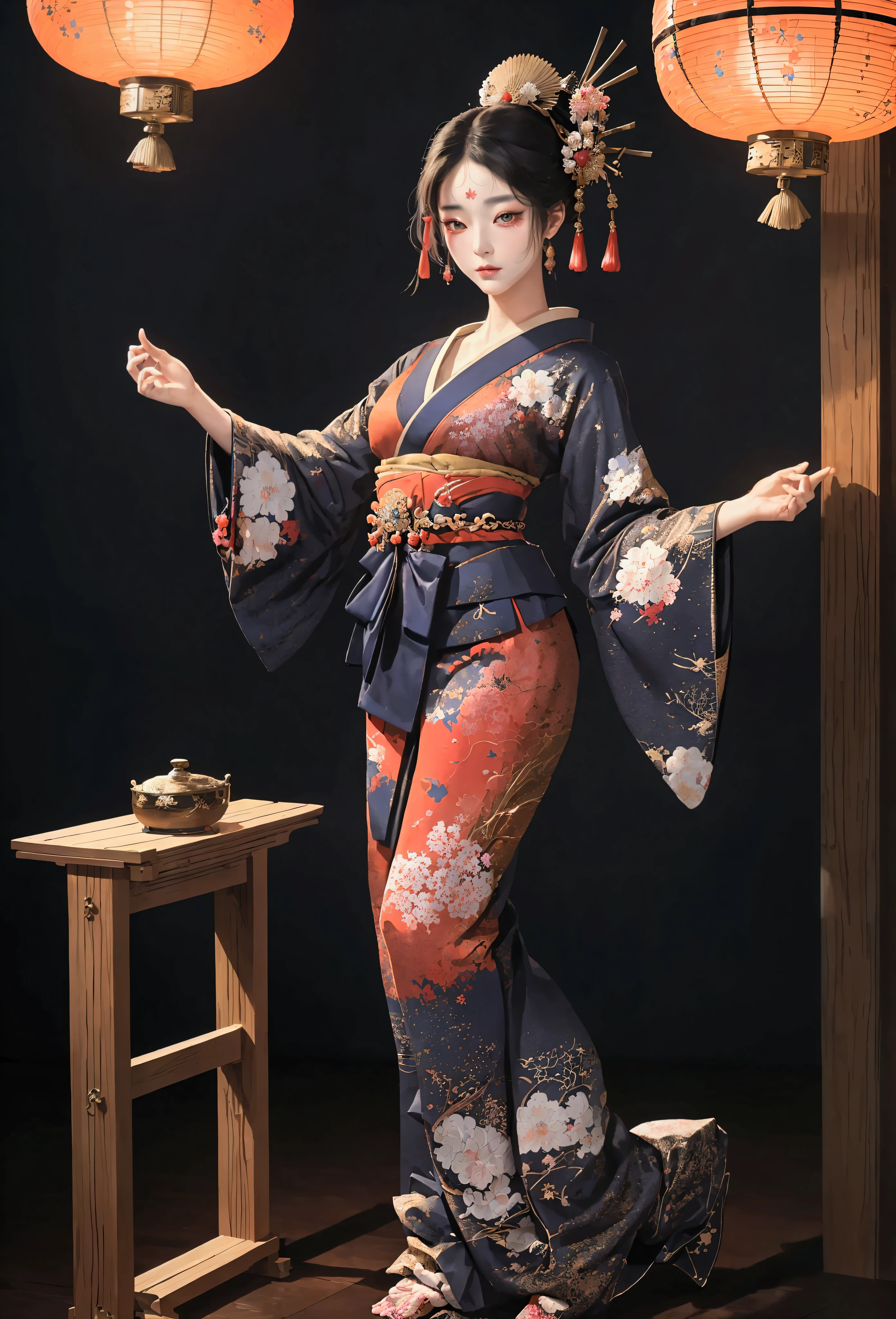 ((best quality)), ((masterpiece)), (detailed), ((best quality)), ((masterpiece)), (detailed), full body shot, beautieful ancient japanese Geisha, colorful clothes, painted face, dark ambience, geisha dancing flamenco, japanese room design background