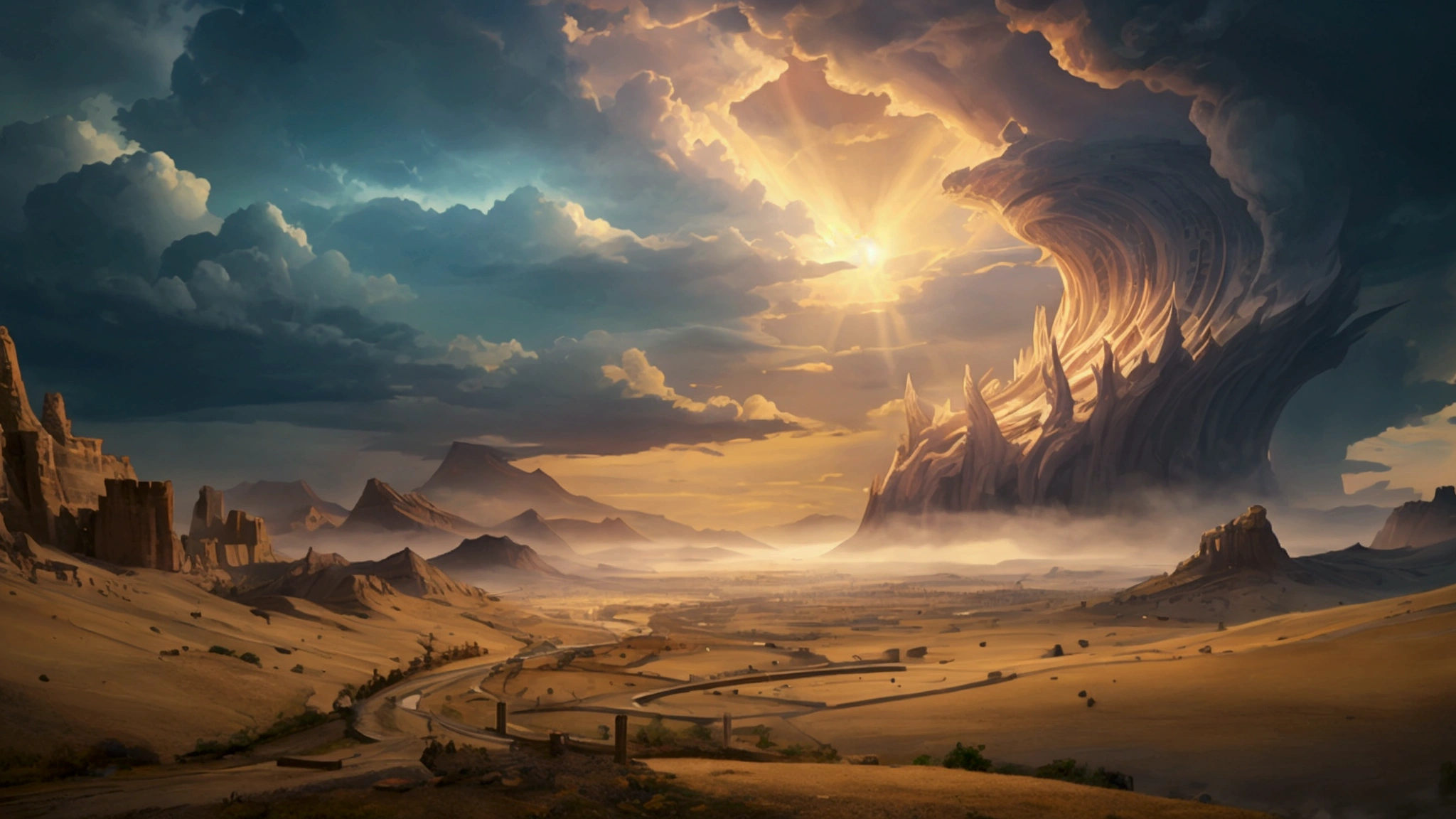 "Description: Depict a metaphorical landscape illustrating the complexity and diversity of interpretations of biblical end-time prophecies.
Details: Use a gradient color scheme to represent the shifting nature of understanding, with dark purples transitioning to light blues. Include:
Layered Landscape: Create a landscape with mountains, valleys, and clouds, each representing different aspects or interpretations of prophecy.
Symbols and Icons: Scatter symbols like scrolls, question marks, and open books throughout the landscape. Show paths or bridges connecting different areas, symbolizing the journey through different interpretations.
Illuminated Areas: Highlight certain areas with light or beams, representing accepted interpretations or significant revelations.
Contrasting Elements: Show some areas in darkness or fog, symbolizing areas of uncertainty or debate.
Focus on the layered and multifaceted nature of prophecy interpretation.
"