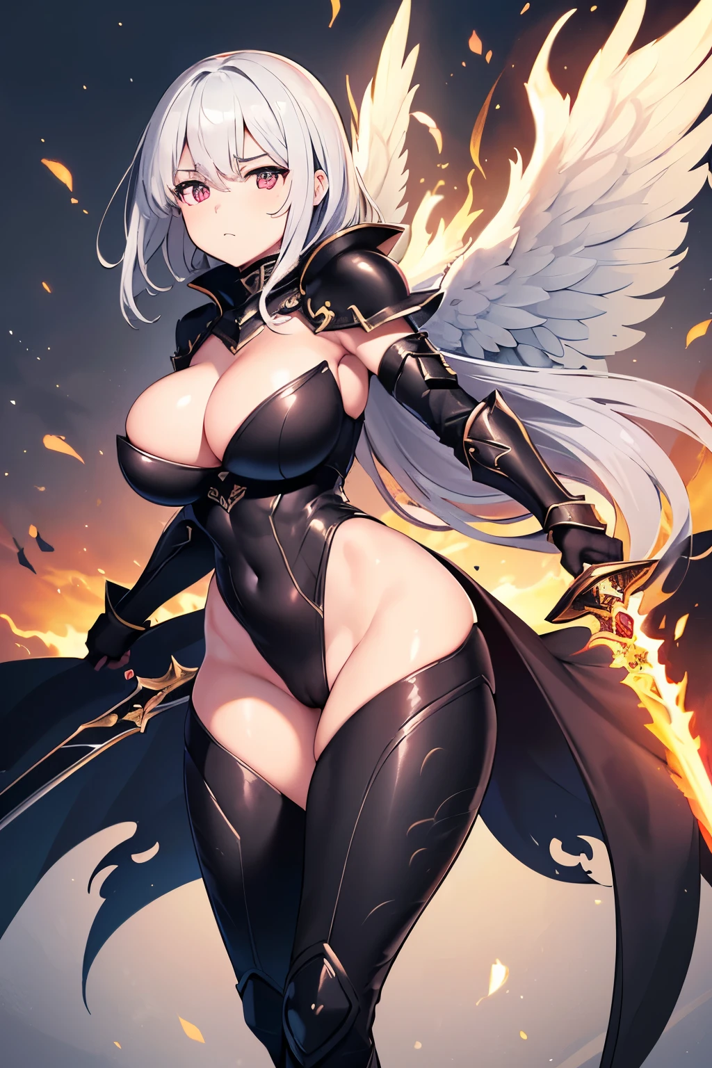 (Ultra-fine illustrations), 8K, (masterpiece), sharp focus, depth of written boundary, beautiful female swordsman, (feminie swordsman:1.2), disorganized, (highly detailed skin texture), (silver hair:1.1), (jat black armor:1.2), (flame armor:1.1), (cloak on fire), (flaming sword:1.2), (wings of fire:1.2), (detailed wings:1.1), (detailed flames:1.1), determination to overcome sadness, sign of determination in her gentle eyes, strong soul, full body shot, (detailed face and eyes:1.2), (perfect anatomy), (round breasts), (bubble butt), (wide hips:1.1), (slim waist:1.1), (thick thighs:1.1), (detailed background), (perfect nails:1.1), (detailed hand and finger:1.2), (medium breasts:1.2), (busty), (deep cleavage:1.2), (labia outline:1.3), (hard teat:1.3).