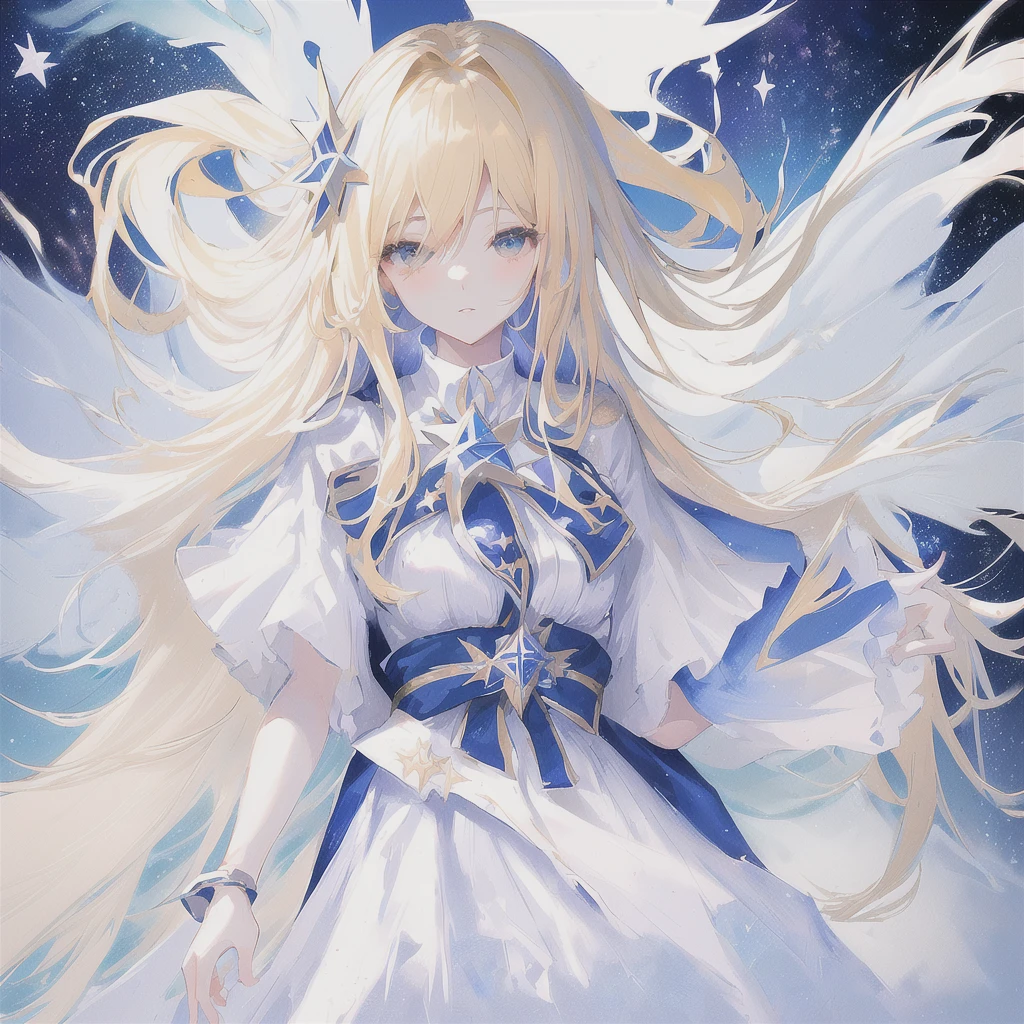 anime woman with long blonde hair and a white dress standing in the middle of a sea of stars, anime splash, anime goddess, visual anime of a cute girl, blonde adult woman with long hair, daytime ethereal anime, greek dress, Marisa Kirisame, official art, star crown