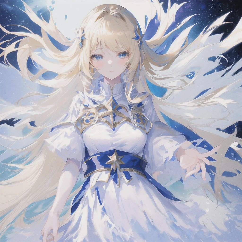 anime woman with long blonde hair and a white dress standing in the middle of a sea of stars, anime splash, anime goddess, visual anime of a cute girl, blonde adult woman with long hair, daytime ethereal anime, greek dress, Marisa Kirisame, official art, star crown