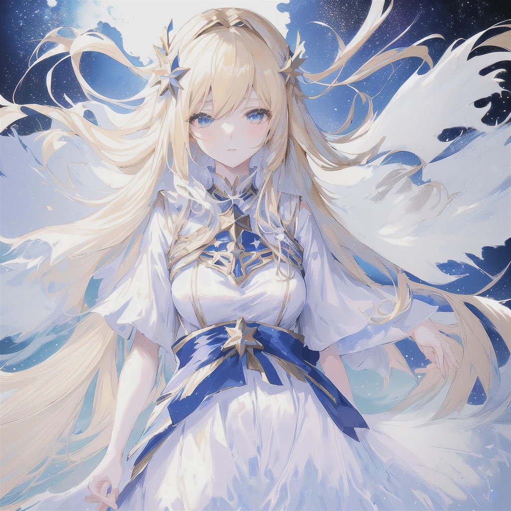 anime woman with long blonde hair and a white dress standing in the middle of a sea of stars, anime splash, anime goddess, visual anime of a cute girl, blonde adult woman with long hair, daytime ethereal anime, greek dress, Marisa Kirisame, official art, star crown