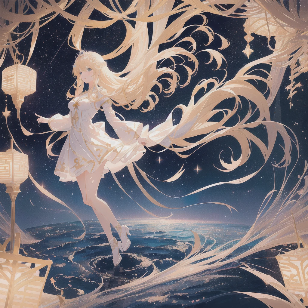 anime woman with long blonde hair and a white dress standing in the middle of a sea of stars, anime splash, anime goddess, visual anime of a cute girl, blonde adult woman with long hair, daytime ethereal anime, greek dress, Marisa Kirisame, official art, star crown