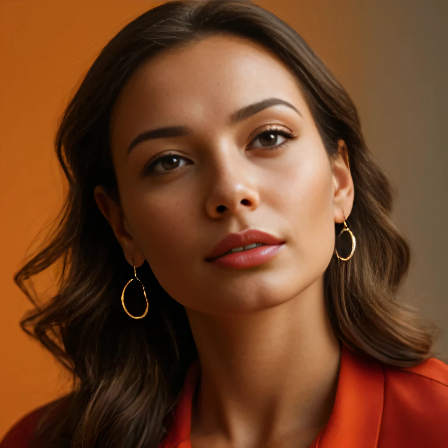arafed woman with a red shirt and gold hoop earrings, woman's face looking off camera, photo of a beautiful woman, portrait sophie mudd, portrait of a beautiful model, soft portrait shot 8 k, in front of an orange background, portrait shot 8 k, high quality portrait, photoshoot for skincare brand, editorial portrait, tanned beauty portrait