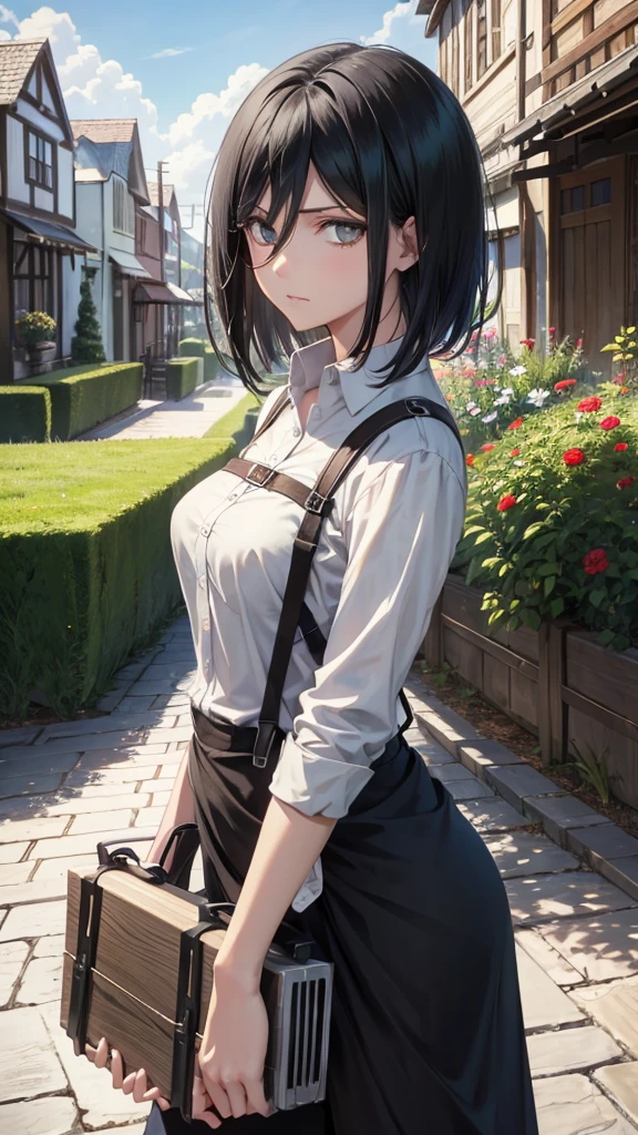 aot style,

Mikasa Ackerman,

1girl, bangs, black hair, black pants, breasts, cowboy shot, expressive green eyes, sunny town background, hair between eyes, looking at viewer, medium breasts, wearing a flowing sundress with intricate floral designs, short hair solo,

, ((masterpiece)), best quality