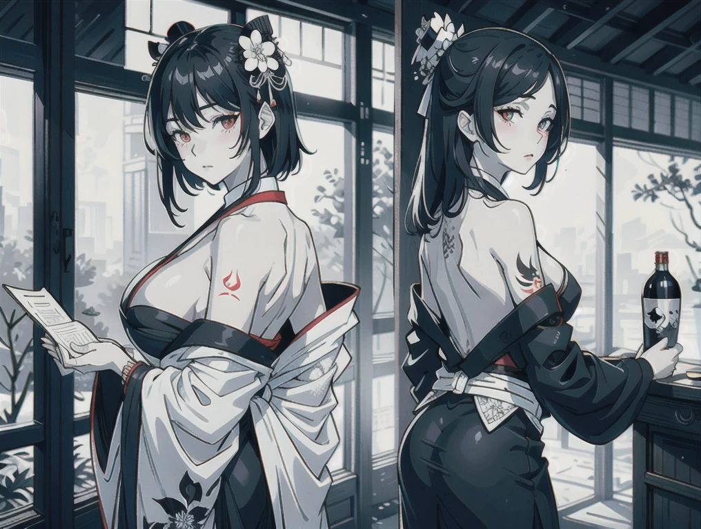 (masterpiece:1,2), best quality, masterpiece, highres, original, extremely detailed wallpaper, perfect lighting,geisha, kimono,Bare shoulder,back,Turn back,tattoo,(((Black and white))),Extreme detail,solo,Cold eyes,look up,Glowing eyes,byobu,