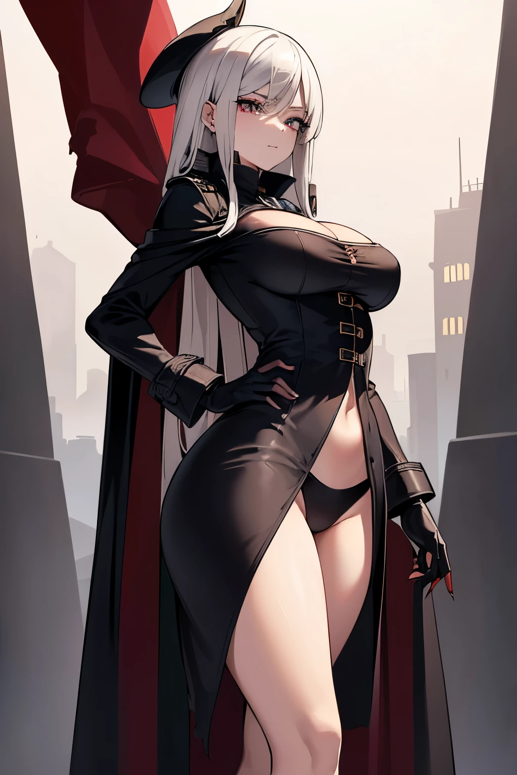 (Highy detailed), woman, standing alone, smug, (eyes red:1.1), (glare eyes), chic, mesmerizing, (full dressed),  (black gloves:1.1), (storied belt:1.1), (trench coat), (torn garments:1.2), capelet, (gauntlets:1.1), arms at side, Vambraces, capelet preto, tricorn, hat,  hunterxhunter, (blood stains:1.1), ultra-detail, (high res), best quality, (master part), cinematic lighting, (rosto e olhos), (highy detaileds), (detailed face and eyes:1.2), (perfect anatomy), (round breasts), (bubble butt), (wide hips:1.1), (slim waist:1.1), (thick thighs:1.1), (detailed background), (perfect nails:1.1), (detailed hand and finger:1.2), (medium breasts:1.2), (busty), (deep cleavage:1.2), (labia outline:1.3), (hard teat:1.3).