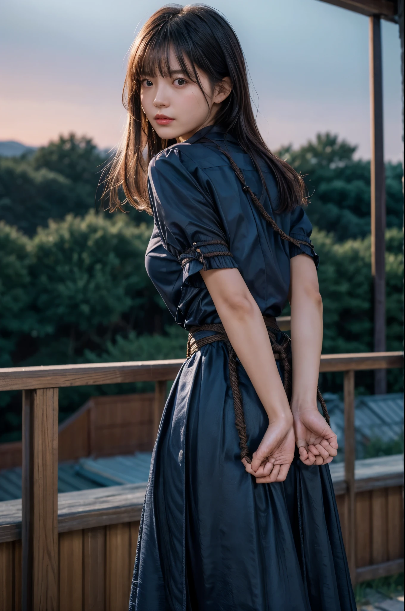 The woman has her hands tied、((Put your hands behind your back))、((Place your hands together and cross them behind your back))、(((Her wrists are tied with rope)))、shibari、Beauty、20age、university student、(anatomicaly, Has two arms and two hands)、Standing on a hill at night、There are a lot of trees、Beautiful night sky、There are many stars、A strong wind is blowing、Wearing a short-sleeved blouse、Wear a long skirt、Uniform eyes、Proportioned proportionedium build、Small breasts、Small face、(I can see from head to heel), Black Hair, bangs, swept bangs, Straight hair, Nervous, Messy Hair, Floating hair, Cinema Lighting, tachi-e, First-person view, throw, From behind, F/1.2, Nikon, Cowboy Shot, Surrealism, 超High resolution, Highest quality, High resolution, 8k, Textured skin, anatomicaly正しい体,