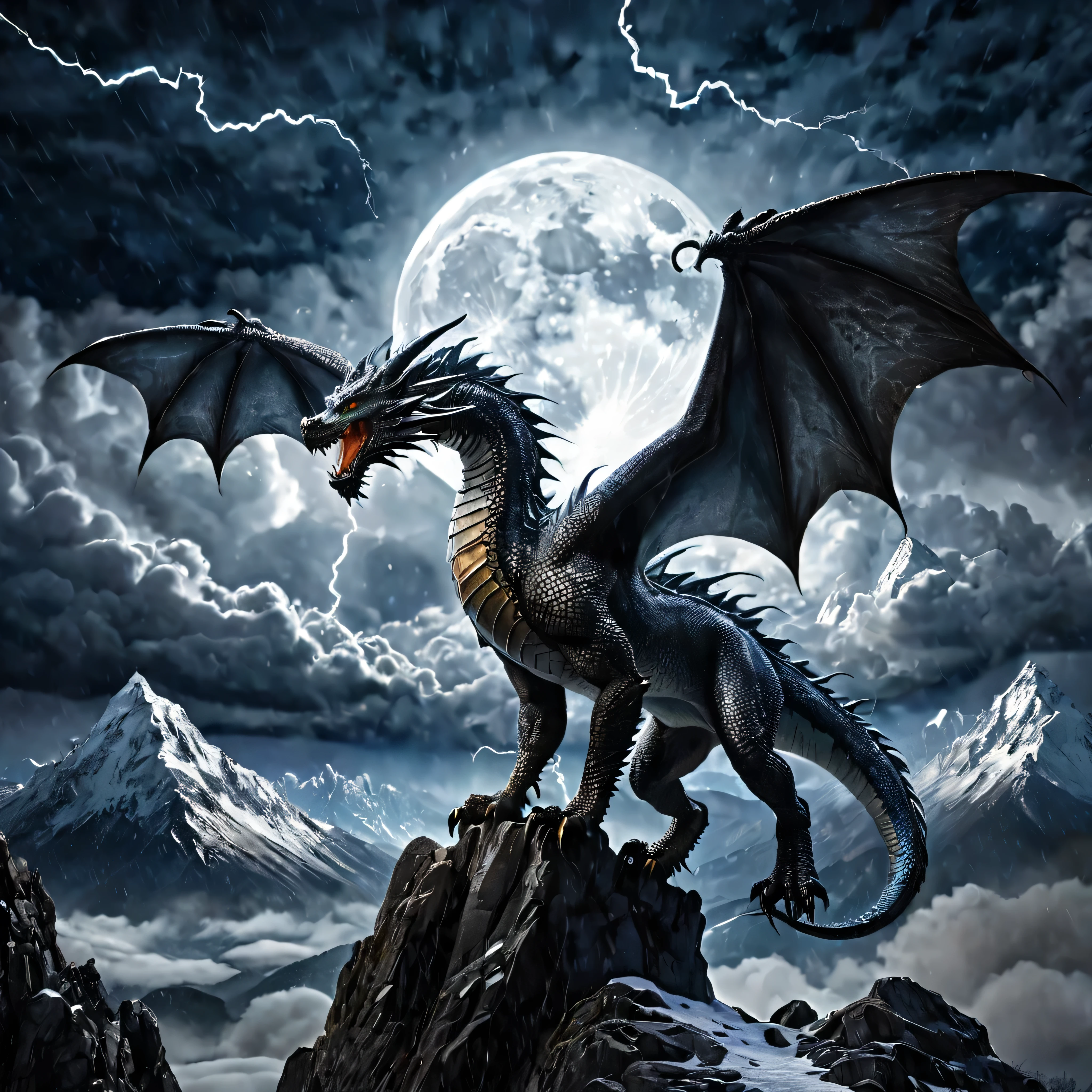  (A storm dragon with 2 wings flying through storm clouds ), solo, lightning, clouds, rain, BREAK, mystical creature, realistic, ultra detailed, dynamic pose, moonlit night, detailed snowy mountain background