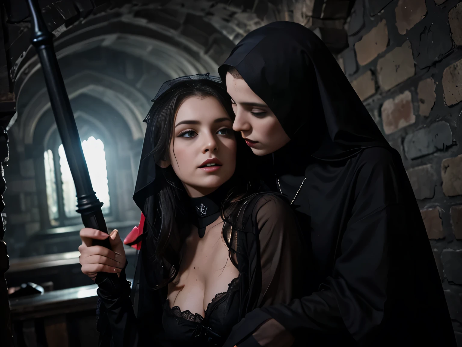 In a gothic chamber during a thunderstorm at night, a beautiful lady vampire makes love to a beautiful ecstatic Nun in a gossamer habit , using a stra on, tehy are making love using a fake pens,