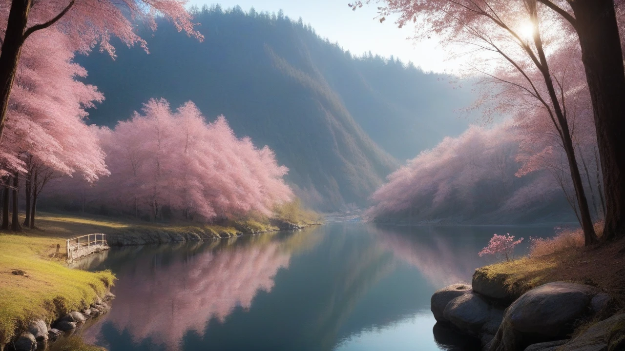 a beautiful cherry blossom forest, pink trees, a serene lake, (best quality,4k,8k,highres,masterpiece:1.2),ultra-detailed,(realistic,photorealistic,photo-realistic:1.37),HDR,UHD,studio lighting,extremely detailed landscape,professional,vivid colors,bokeh,digital painting,concept art,atmospheric lighting,dramatic lighting