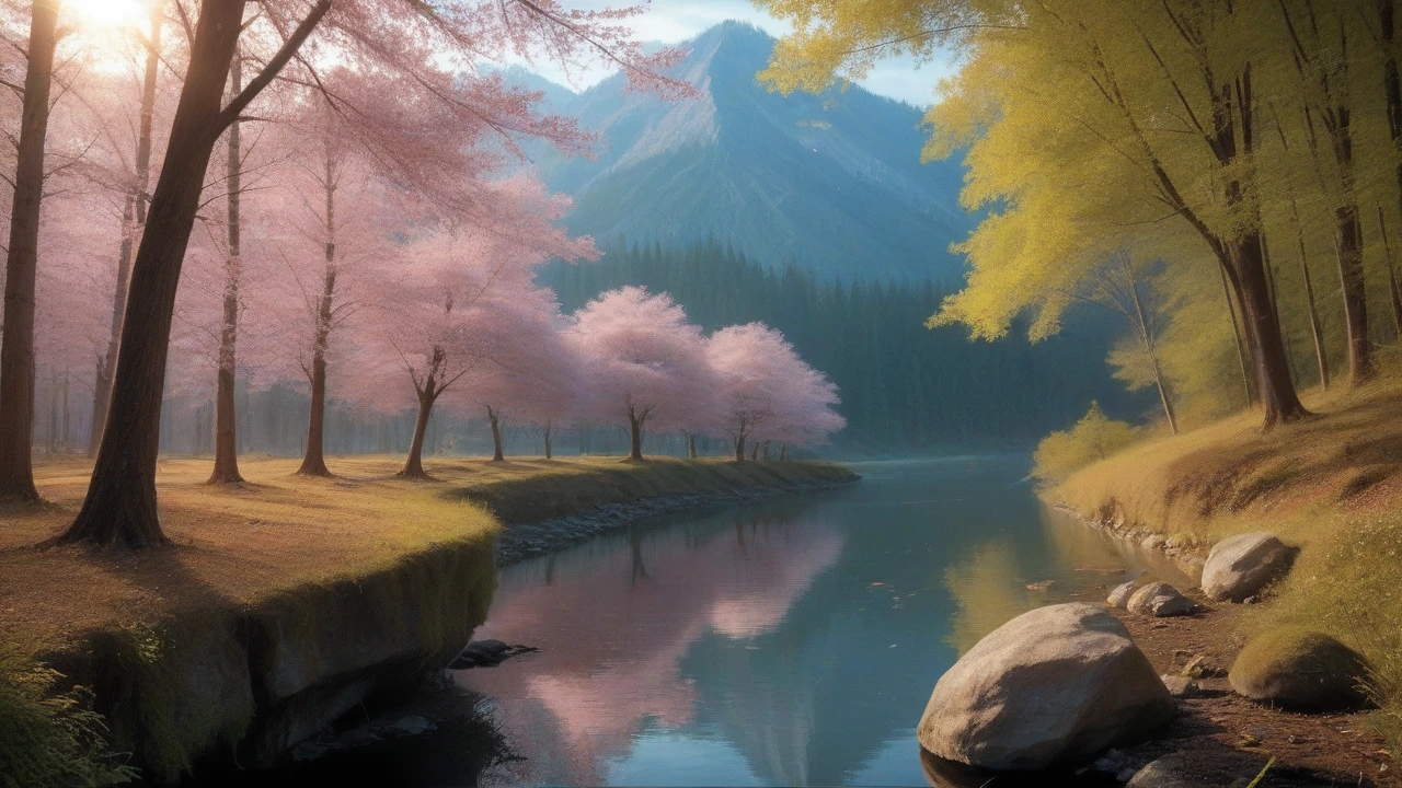 a beautiful cherry blossom forest, pink trees, a serene lake, (best quality,4k,8k,highres,masterpiece:1.2),ultra-detailed,(realistic,photorealistic,photo-realistic:1.37),HDR,UHD,studio lighting,extremely detailed landscape,professional,vivid colors,bokeh,digital painting,concept art,atmospheric lighting,dramatic lighting