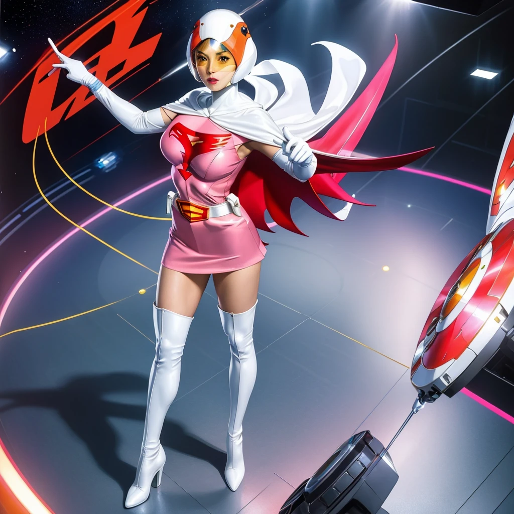 ANI_CLASSIC_jun_gatchaman_ownwaifu,1girl, yo,good anatomy, masterpiece, best quality,realistic, hyper realistic, 16k hdr, long hair,breasts,lips,large breasts,lipstick,makeup,gloves,cape,helmet,belt,elbow gloves,white gloves,mask,ultra miniskirt,leotard,spacesuit,white tight overknee highheels boots,pink dress,superhero,bodysuit,cleavage,erected nipples,(standing pose,front view),(spread legs:1.1)