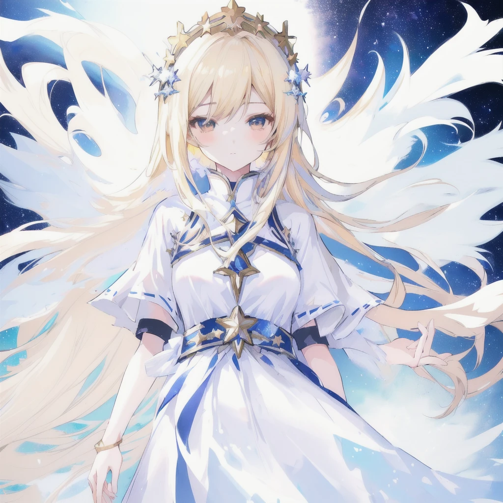 anime woman with long blonde hair and a white dress standing in the middle of a sea of stars, anime splash, anime goddess, visual anime of a cute girl, blonde adult woman with long hair, daytime ethereal anime, greek dress, Marisa Kirisame, official art, star crown