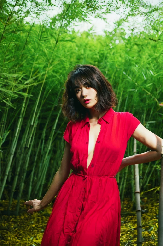 (full-length shot:1.5), (Best quality:1.3), 23y, 1girl, indonesian, (big breast), (red maxi dress), (cute face:1.4), wavy short hair blowing in the wind, (bangs:1.2), posing in the bamboo forest, dramatic moment, kodacrhome, cinematic dark lighting, beautiful shadow and sunlight expossure, aesthetic, ultra highres, sharp focus, highly detailed, realistic face and skin, surreal view, shot by eos c with 35mm lens f2.0, (angle shot fom below:1.3), Portrait by annie leibovitz, perfect anatomy, perfrect object