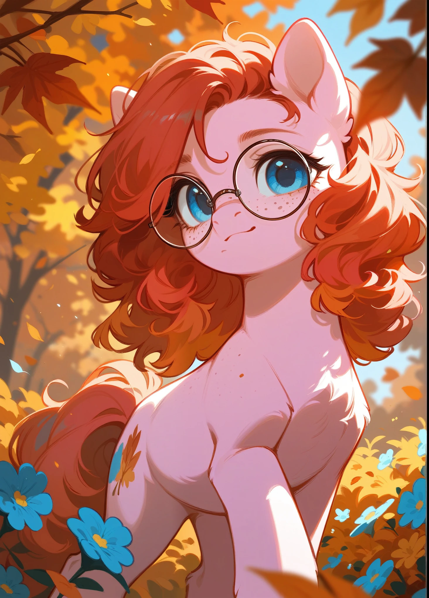 score_9, score_8_up, score_7_up, earth pony, blue eyes, light pink body, red hair, round glasses, freckles, fluffy hair, flowers, :3, autumn, mare, solo, mlp, my little pony