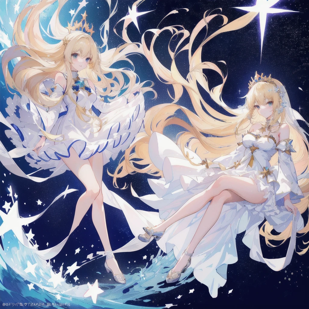 anime woman with long blonde hair and a white dress standing in the middle of a sea of stars, anime splash, anime goddess, visual anime of a cute girl, blonde adult woman with long hair, daytime ethereal anime, greek dress, Marisa Kirisame, official art, star crown