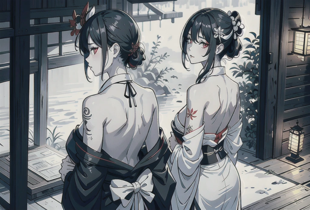 (masterpiece:1,2), best quality, masterpiece, highres, original, extremely detailed wallpaper, perfect lighting,geisha, kimono,Bare shoulder,back,Turn back,tattoo,(((Black and white))),Extreme detail,solo,Cold eyes,look up,Glowing eyes,byobu,