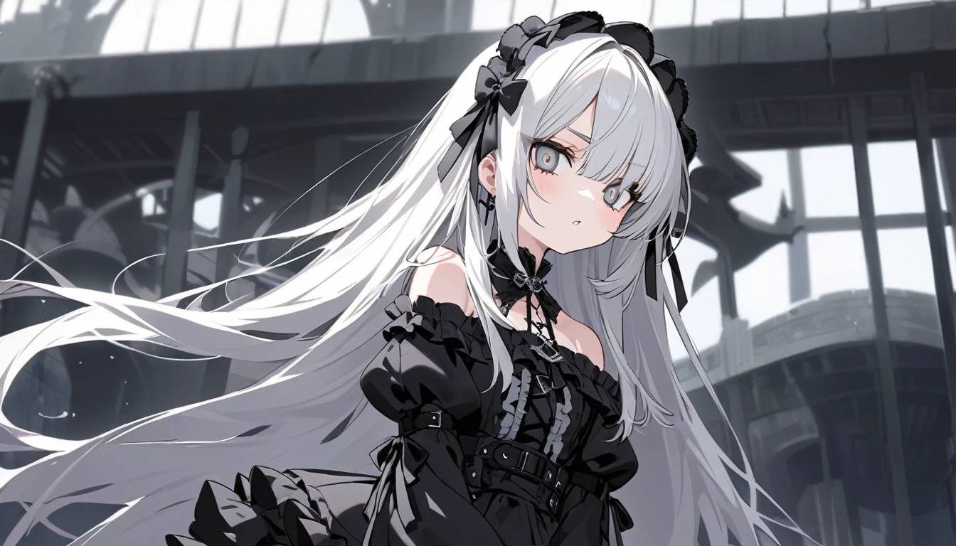 ultra-detalled,Cute ,　Long white hair,　Silver eye, 　Off-the-shoulder Gothic Lolita