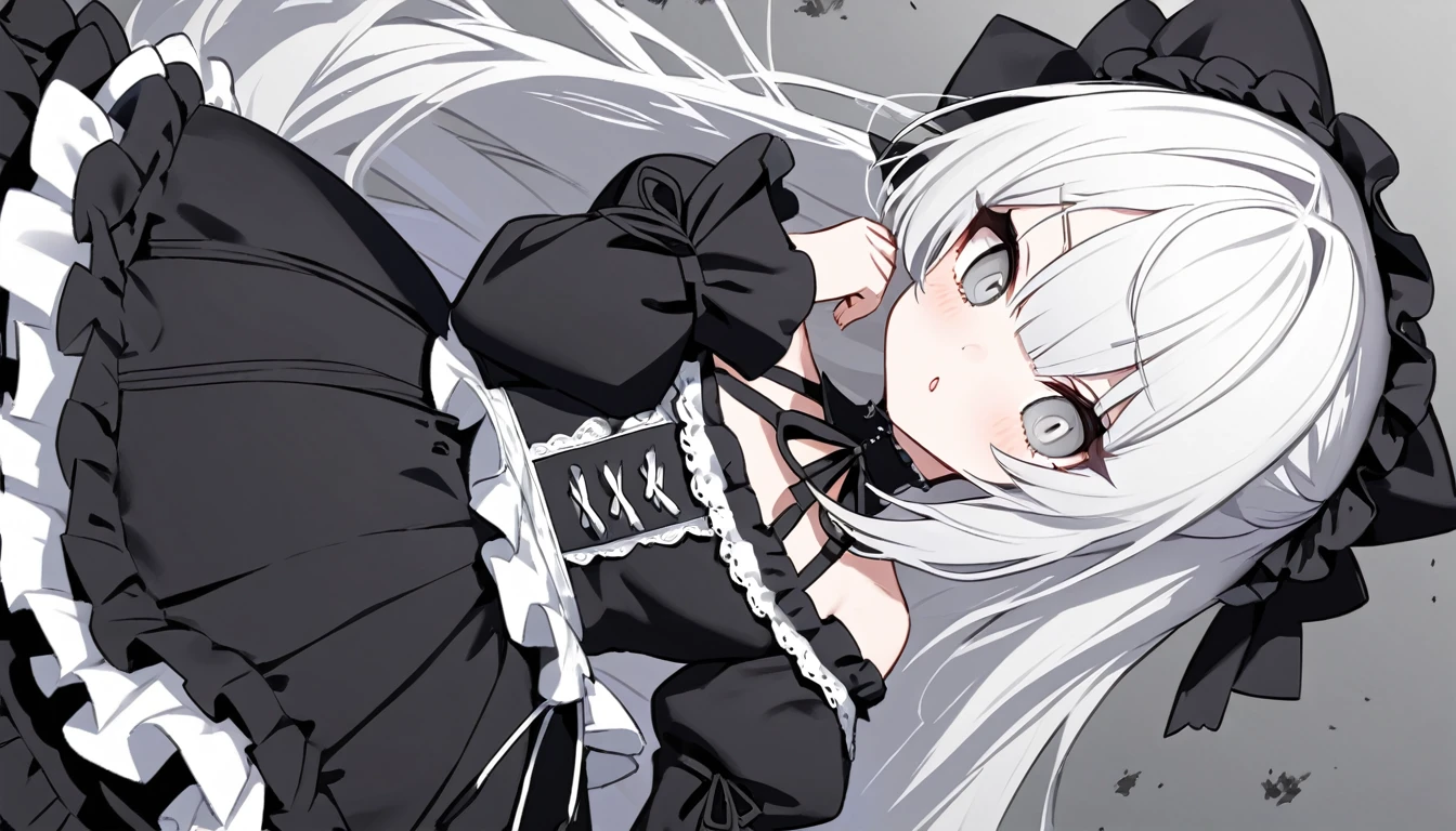 ultra-detalled,Cute ,　Long white hair,　Silver eye, 　Off-the-shoulder Gothic Lolita