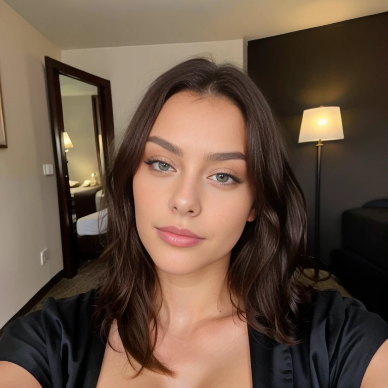 Jolie belle brune en robe de chambre faisant un Selfie (le noir a) (in a hotel), Selfie, Low cut, very detailed, 20 ans, visage innocent, naturally wavy hair, yeux verts, high resolution, Boss of&#39;ouvrages d&#39;art, best quality, intricate details, very detailed, mise au point nette, detailed skin, texture de peau realistic, texture, detailed eyes, professionnel, 4K, charming smile, prise avec Canon, 85 millimeters, slight depth of field, kodak vision color, corps parfaitement ajusté, extremely detailed, Photograph_\(ultra\), photographiquerealistic, realistic, Post-traitement, maximum details, roughness, real life, ultrarealistic, photorealism, photographie, 8k uh, photographie 