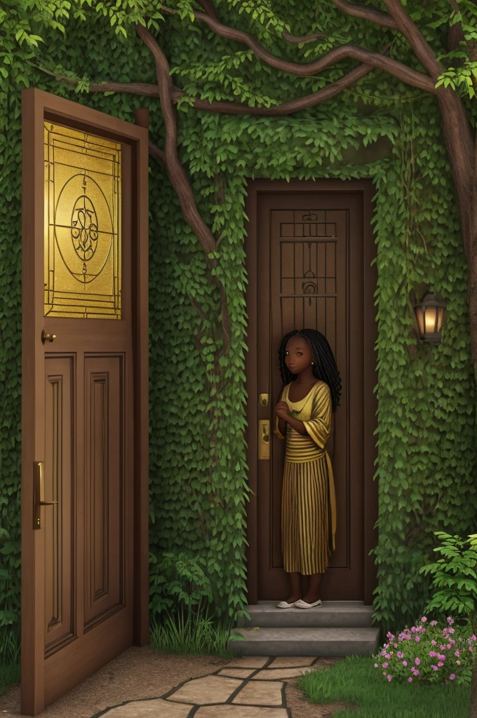 Description: Zuri discovers the hidden door in the trees.
Details: Draw an old golden door between the trees, with Zuri looking at her with interest. Add details like vines and flowers around the door.